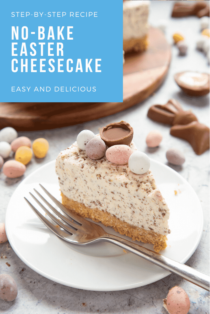 No-bake Easter cheesecake. The cheesecake is decorated with Easter chocolate and served on a white plate. The caption reads: Step-by-step recipe. No bake Easter cheesecake. Easy and delicious.