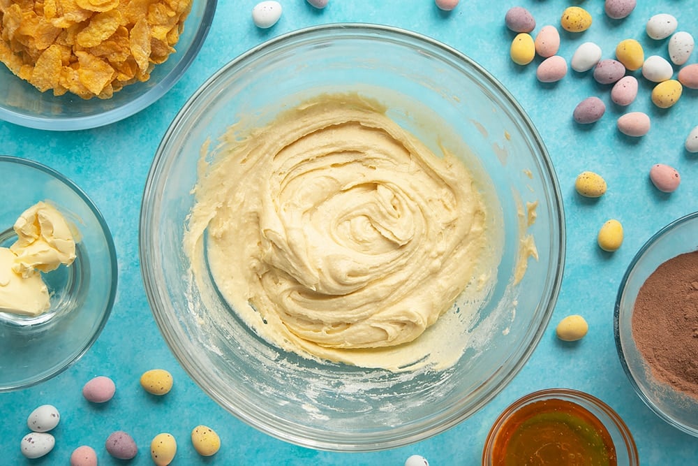 Overhead shot of cake mix in a mixing bowl