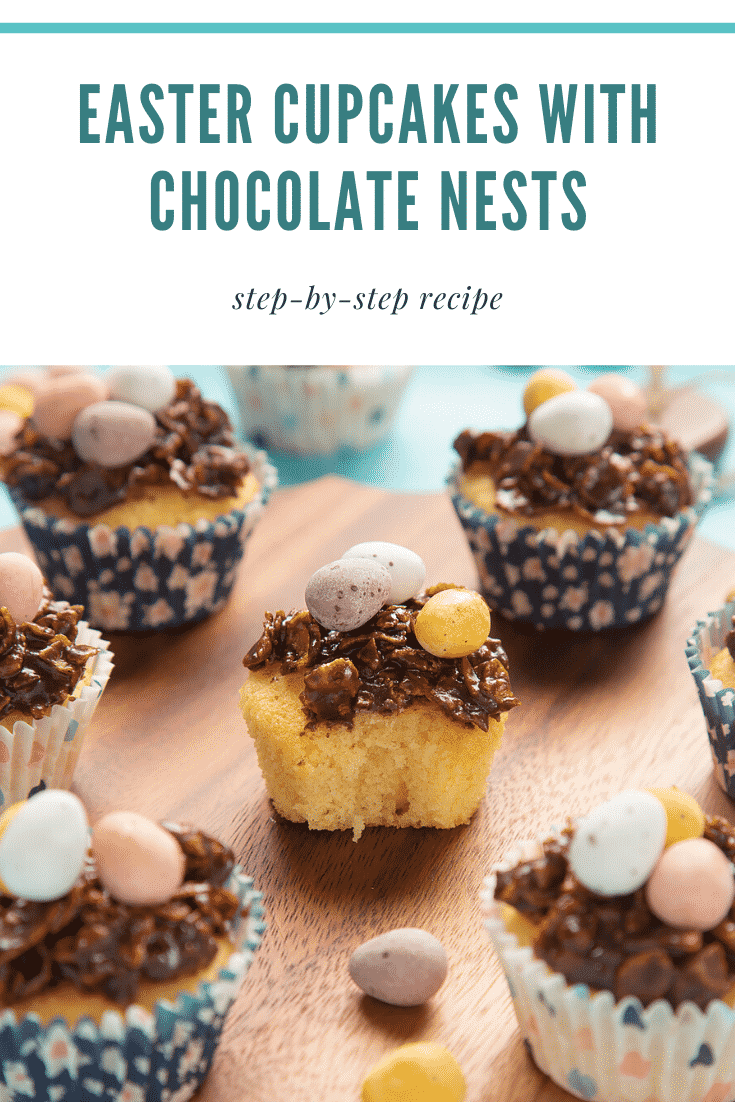 graphic text EASTER CUPCAKES WITH CHOCOLATE NESTS step-by-step recipe above a half-eaten easter nest cupcakes 