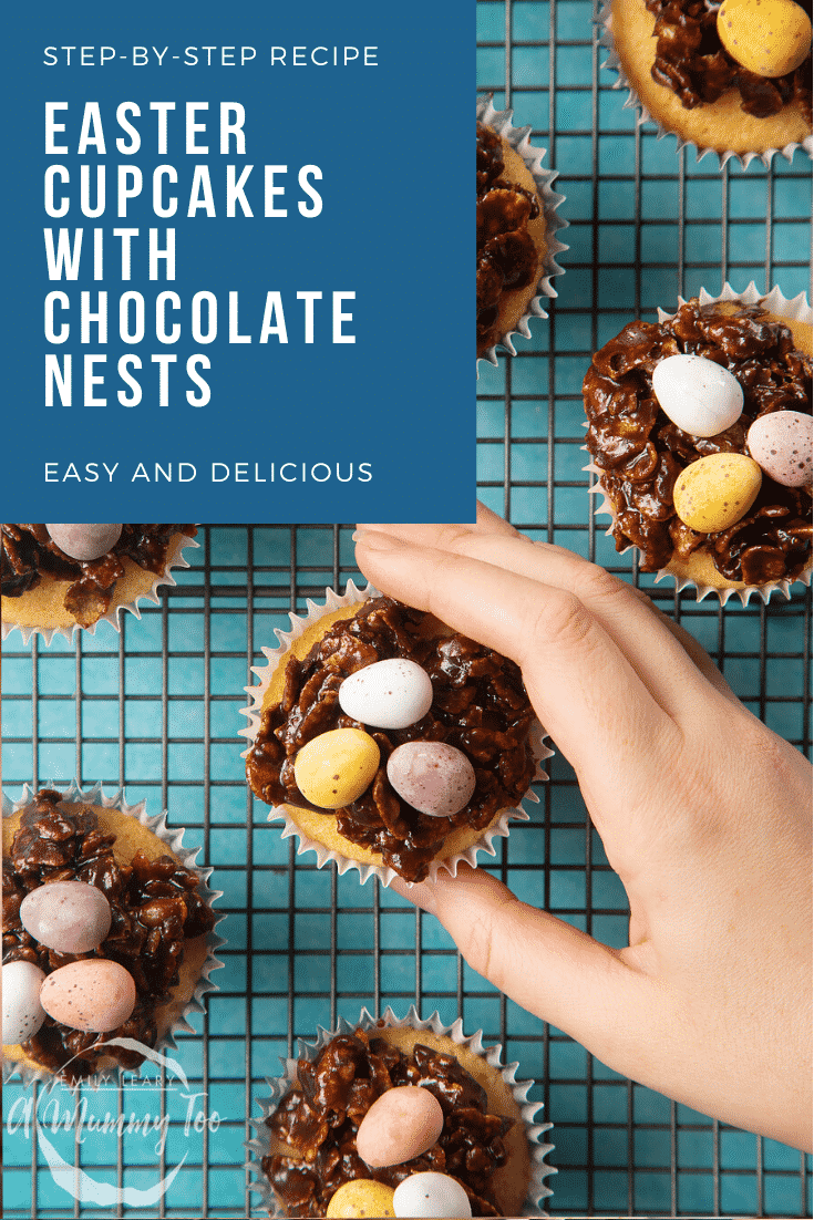 graphic text STEP-BY-STEP RECIPE EASTER CUPCAKES WITH CHOCOLATE NESTS EASY AND DELICIOUS above a hand holding an easter chocolateenest cupcakes 