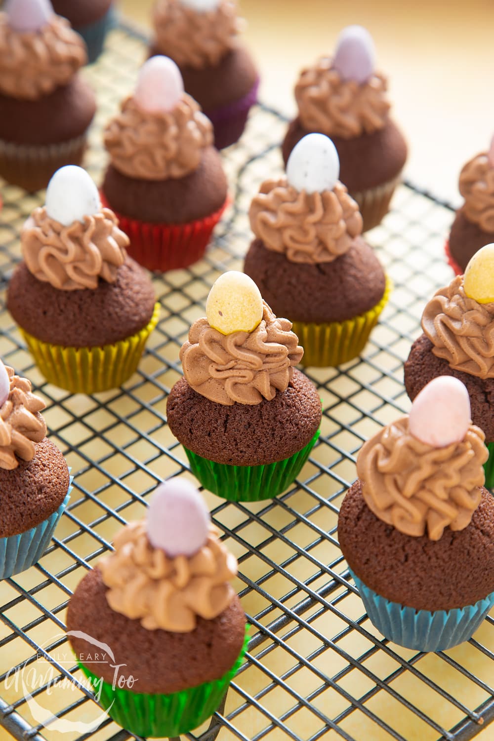 Front angle shot of Mini chocolate cupcakes for Easter topped with chocolate frosting and mini egg with a mummy too logo in the lower-left corner