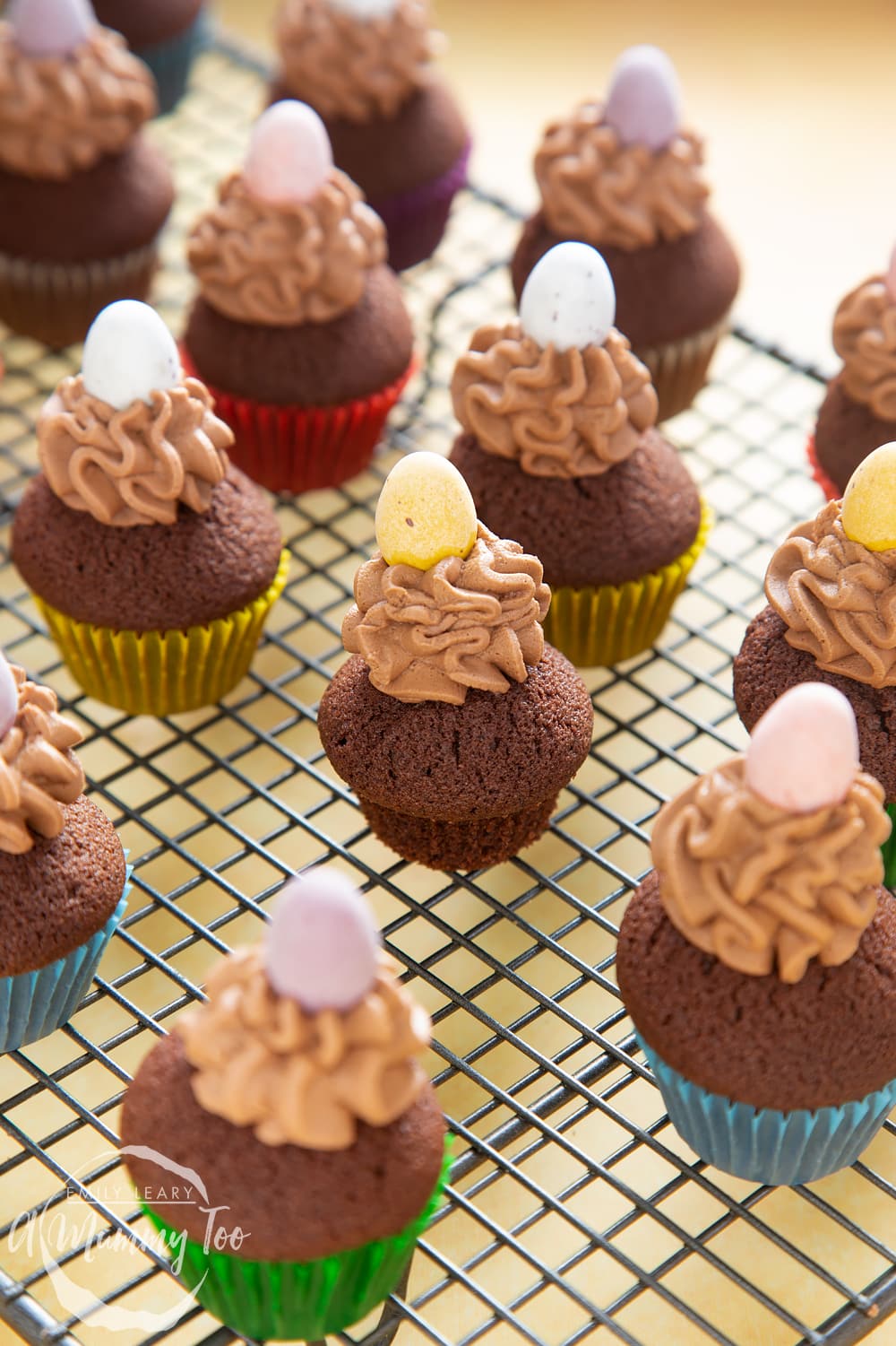 Front angle shot of a Mini chocolate cupcake for Easter topped with a mummy too logo in the lower-left corner