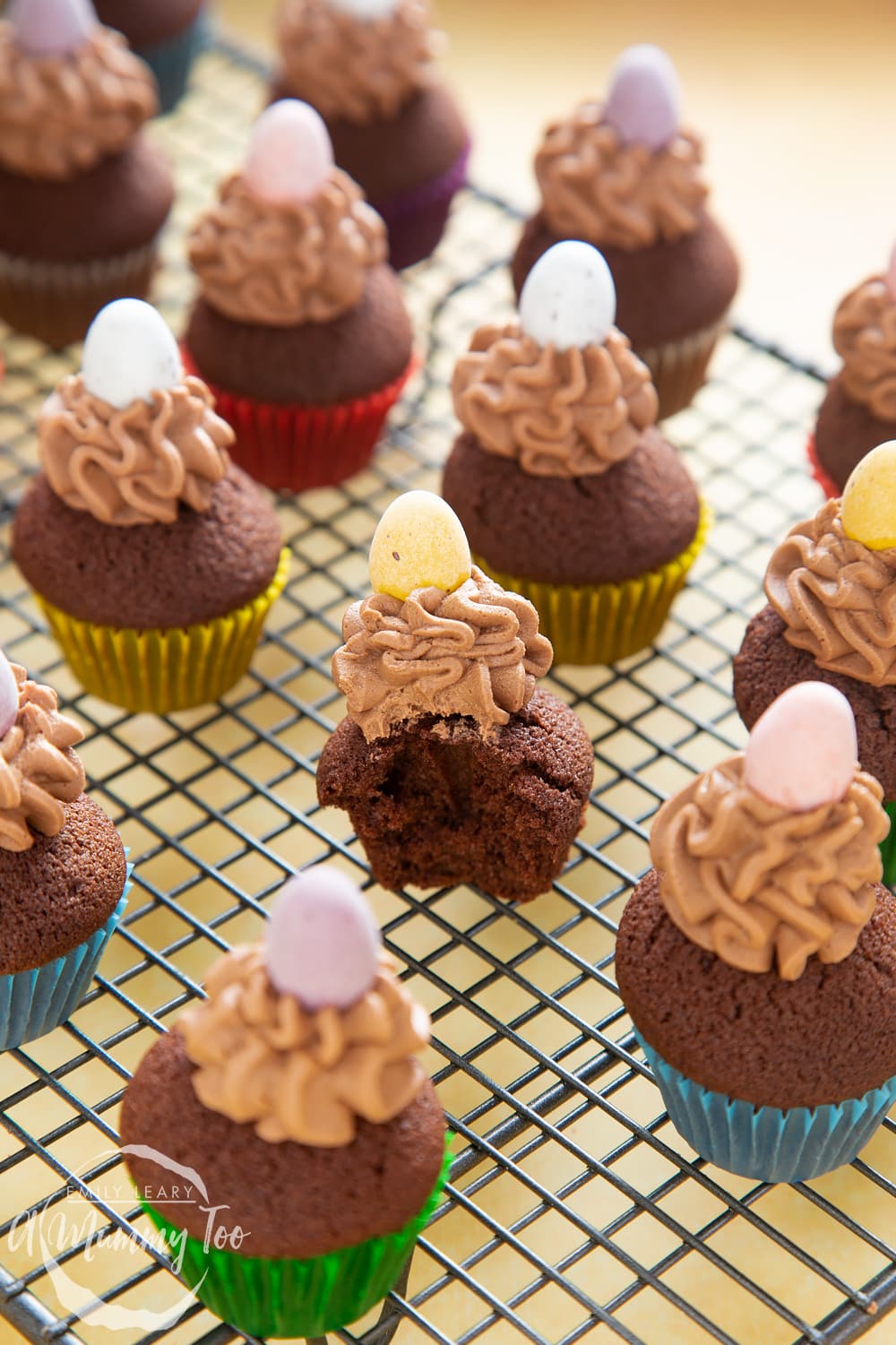 Front angle shot of a half-eaten chocolate muffin on a baking rack with a mummy too logo in the lower-left corner