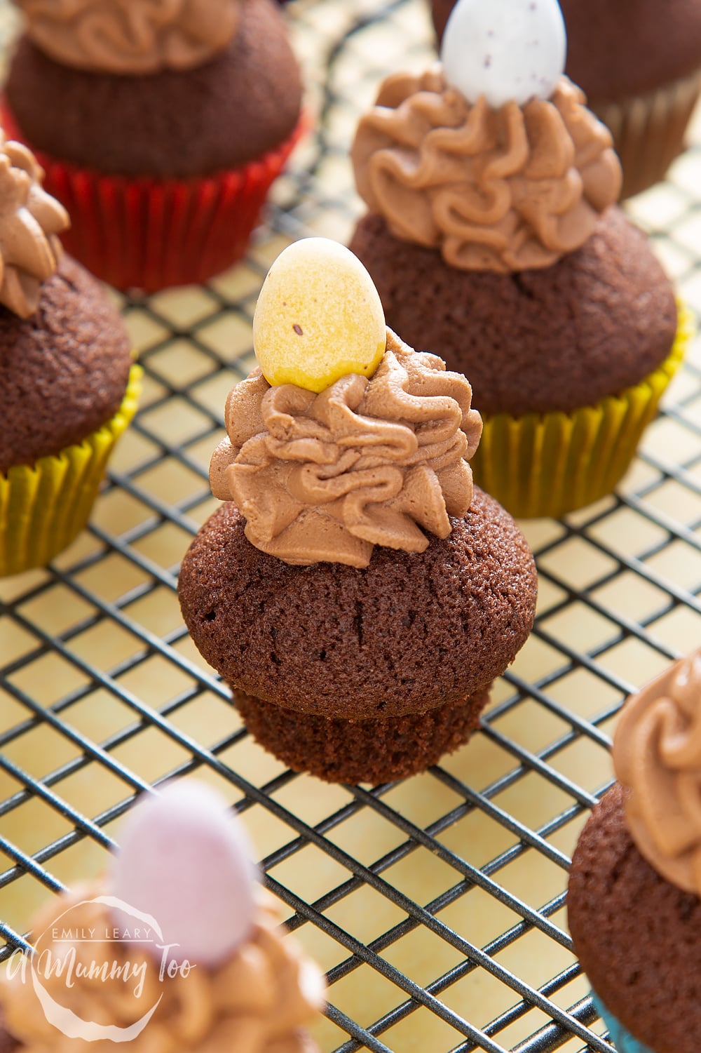 Front angle shot of a Mini chocolate cupcake for Easter topped with a mummy too logo in the lower-left corner
