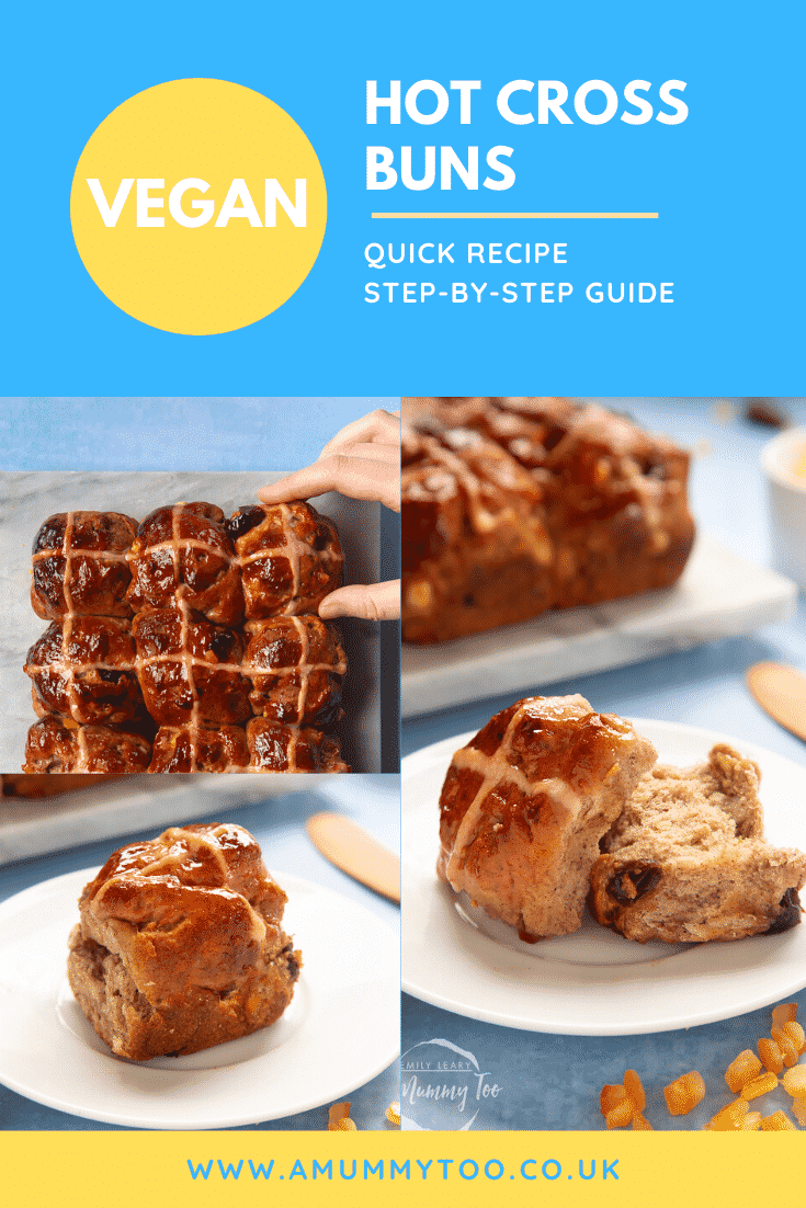 A collage of images of freshly baked vegan hot cross buns. Caption reads: vegan hot cross buns - quick recipe - step-by-step guide