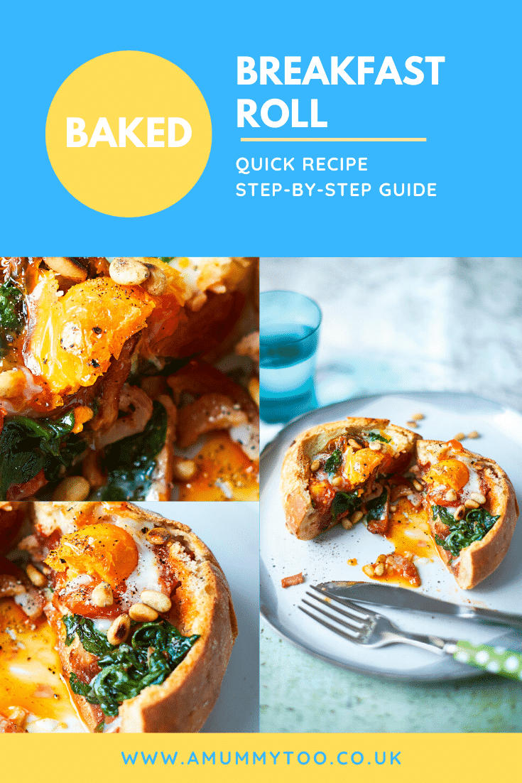 A collage of images shows a breakfast roll on a white plate. It is filled with sausage, bacon, spinach, tomatoes and pine nuts, topped with an egg. The roll is cut open to reveal the runny egg yolk. The caption reads: Baked breakfast roll - quick recipe - step-by-step guide