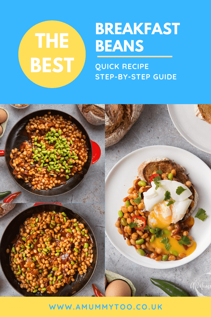 A collage showing the making of breakfast beans with chilli, chickpeas and edamame served on sour dough toast with a poached egg on top. Caption reads: The best breakfast beans - quick recipe - step-by-step guide