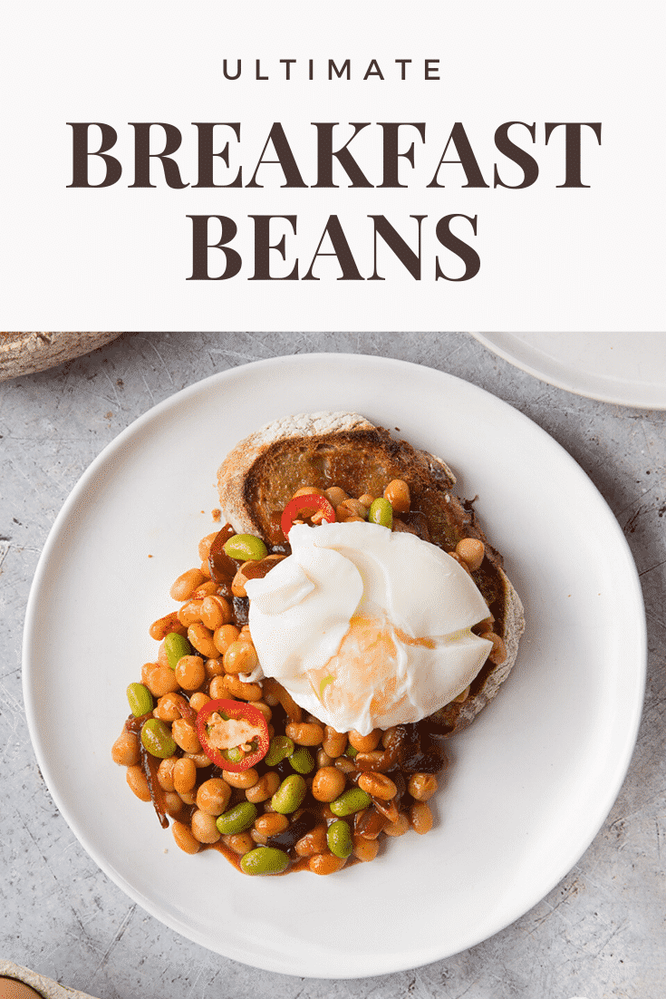 Breakfast beans with chilli, chickpeas and edamame served on sour dough toast with a poached egg on top. Caption reads: ultimate breakfast beans.