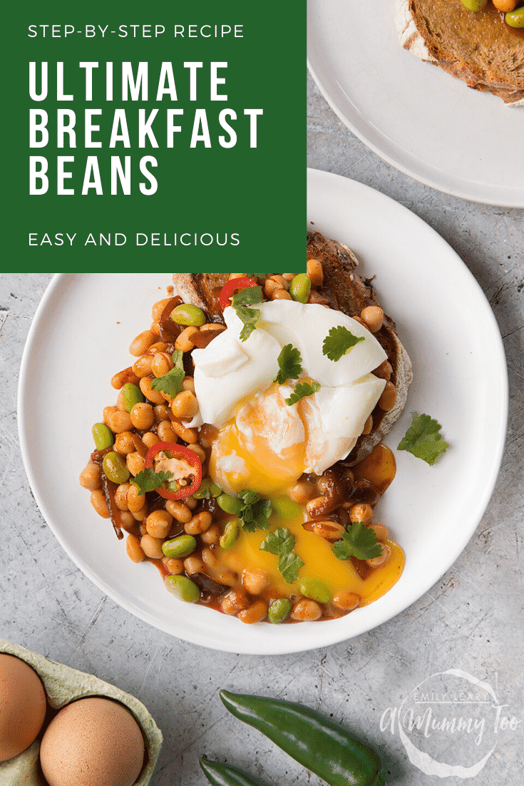 Breakfast beans with chilli, chickpeas and edamame served on sour dough toast with a poached egg on top. Caption reads: step-by-step recipe ultimate breakfast beans easy and delicious