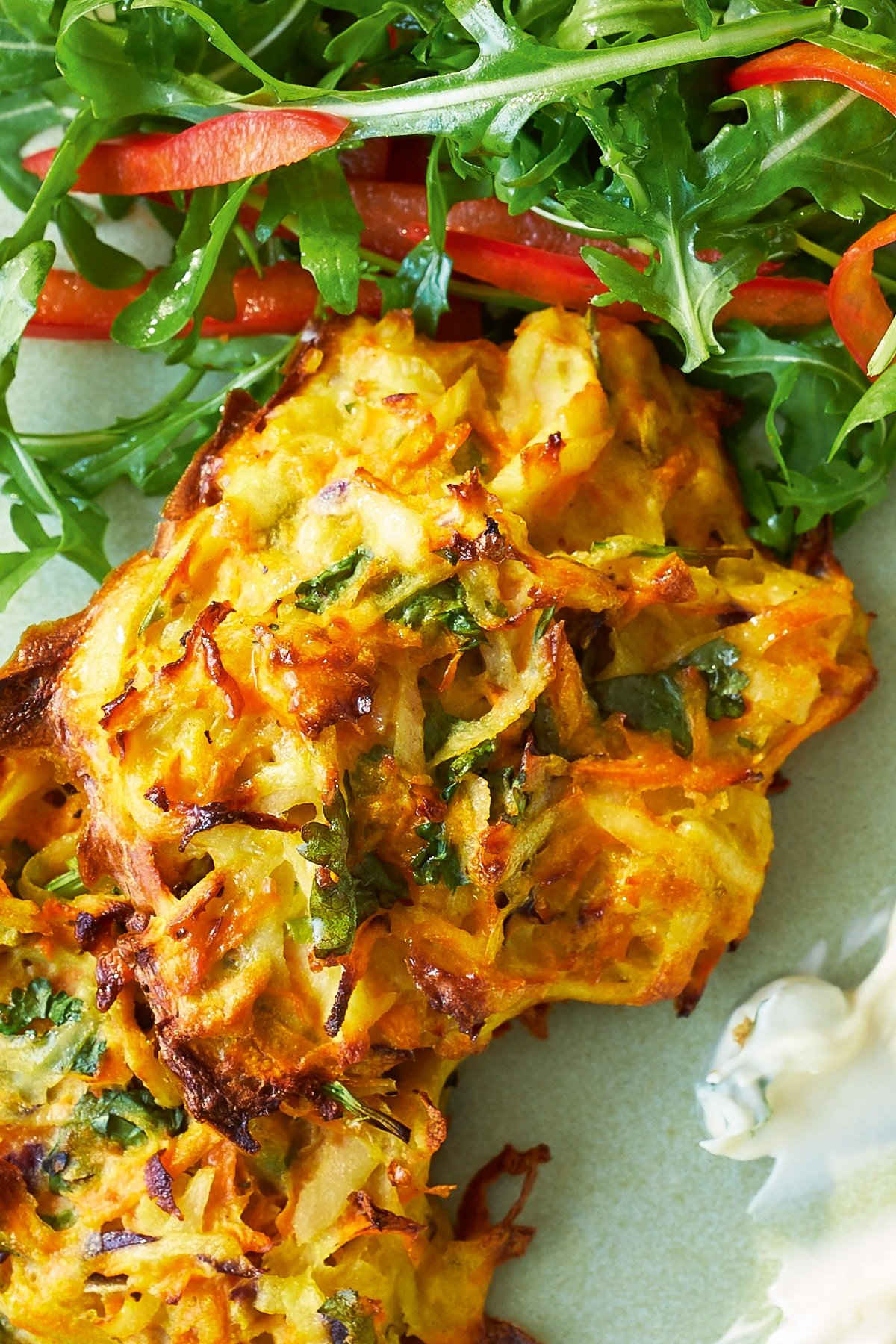 A close up of two carrot patties on a green plate.