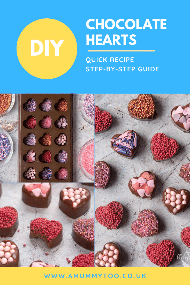 graphic text HOW TO MAKE CHOCOLATE HEARTS above Front angle shot of DIY chocolate hearts valentines with sprinkles on top