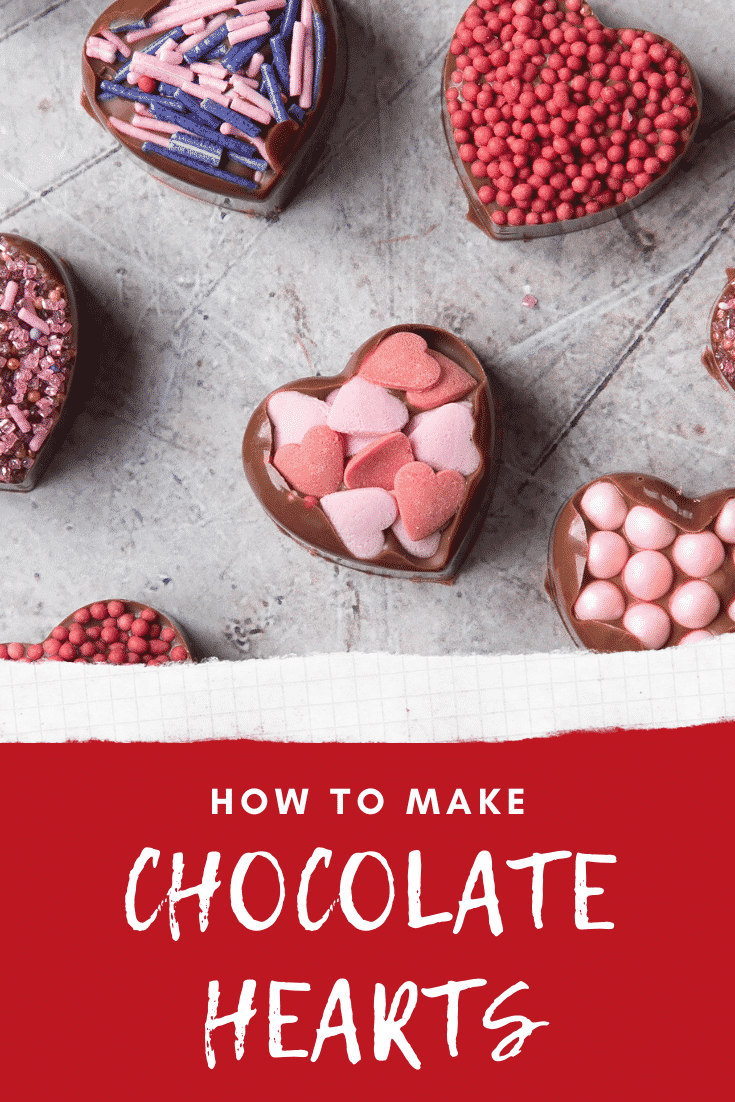 graphic text HOW TO MAKE CHOCOLATE HEARTS above Front angle shot of DIY chocolate hearts valentines with sprinkles on top