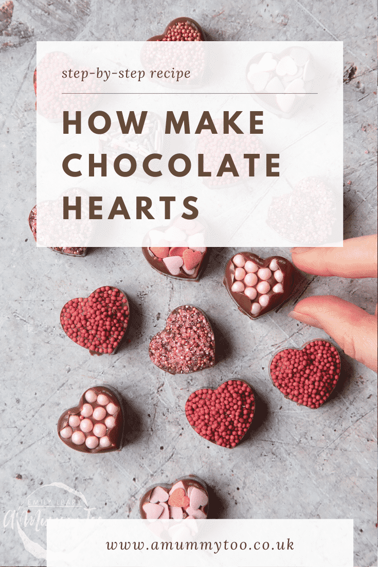 graphic text  step-by-step recipe HOW TO MAKE CHOCOLATE HEARTS above Front angle shot of a hand holding a chocolate heart with website URL below