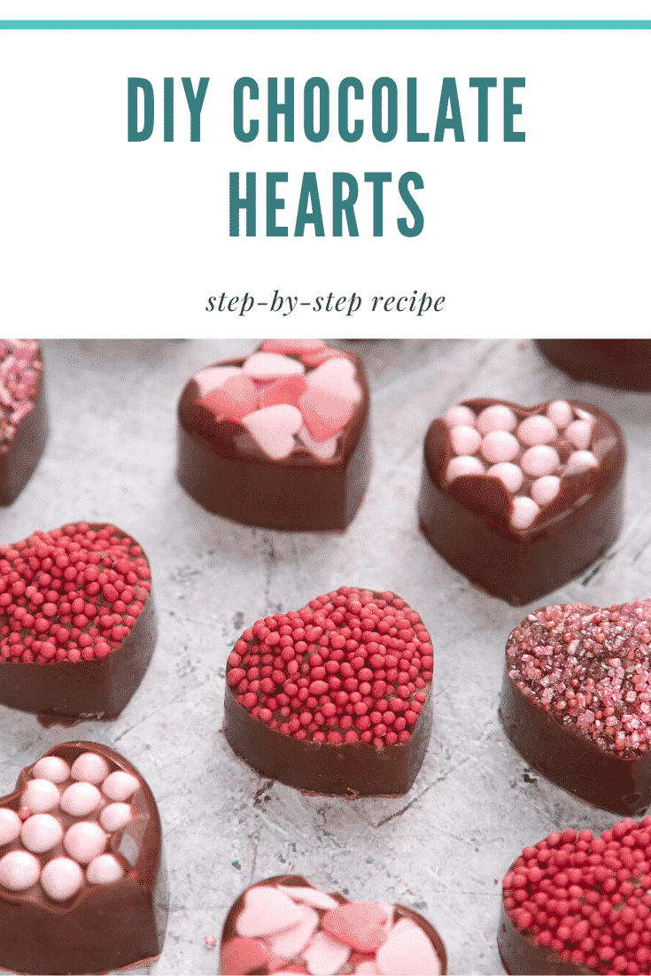 graphic text DIY CHOCOLATES HEART step-by-step recipe above Front angle shot of diy heart chocolates