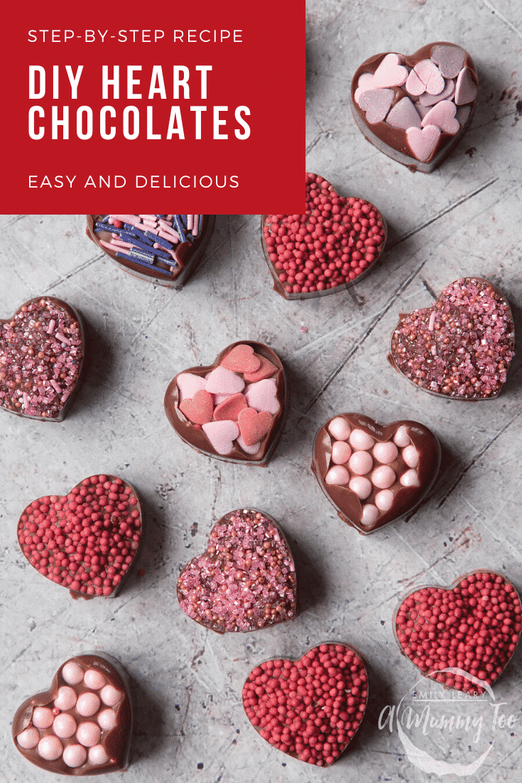 graphic text STEP-BY-STEP RECIPE DIY HEART CHOCOLATES EASY AND DELICIOUS above Overhead shot of diy heart chocolates with a mummy too logo in the lower-right corner