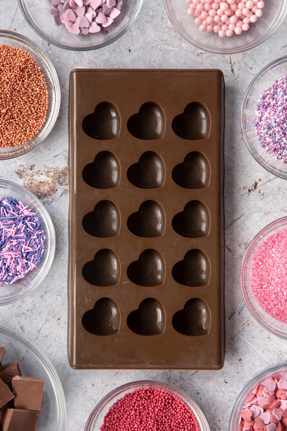 Overhead shot of brown Heart-shaped candy mould 