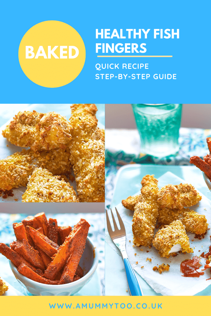 A collage of images showing homemade spicy fish sticks on a sheet of paper on a pale blue tray with ketchup. To the side is a white bowl filled with sweet potato fries. The caption reads: Baked spicy fish sticks quick recipe step-by-step guide