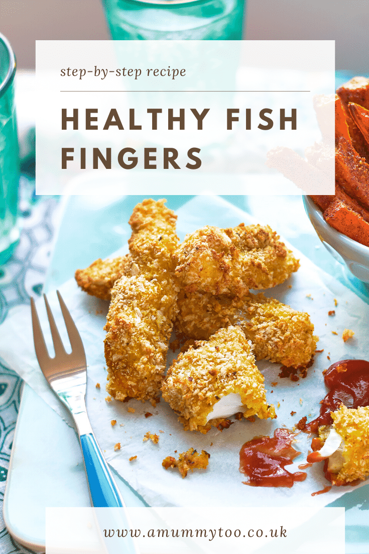 Homemade spicy fish sticks on a sheet of paper on a pale blue tray with ketchup. There are sweet potato fries in the background. The caption reads: step-by-step recipe spicy fish sticks