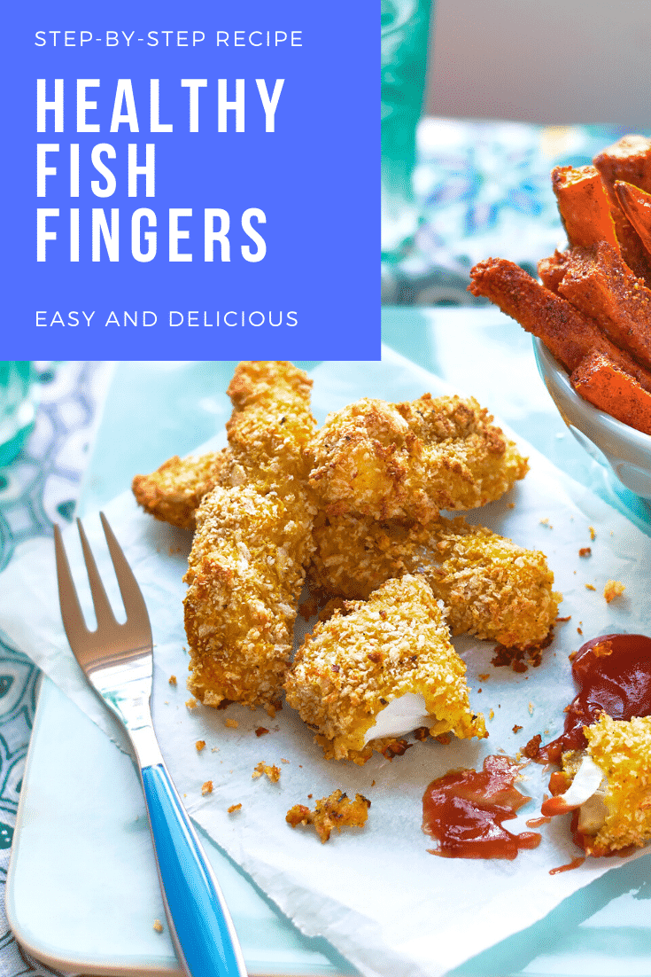 Homemade spicy fish sticks on a sheet of paper on a pale blue tray with ketchup. There are sweet potato fries in the background. The caption reads: step-by-step recipe spicy fish sticks easy and delicious