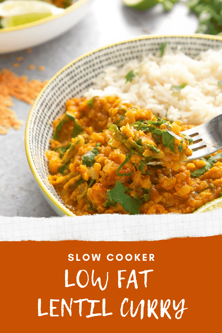 Front angle shot of lentil curry served on a white bowl with graphic text SLOW COOKER LOW FAT LENTIL CURRY below