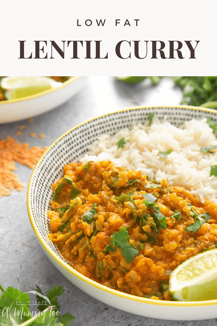 graphic text LOW FAT LENTIL CURRY above front angle shot of lentil curry served on a white dotted bowl with a mummy too logo in the lower-left corner