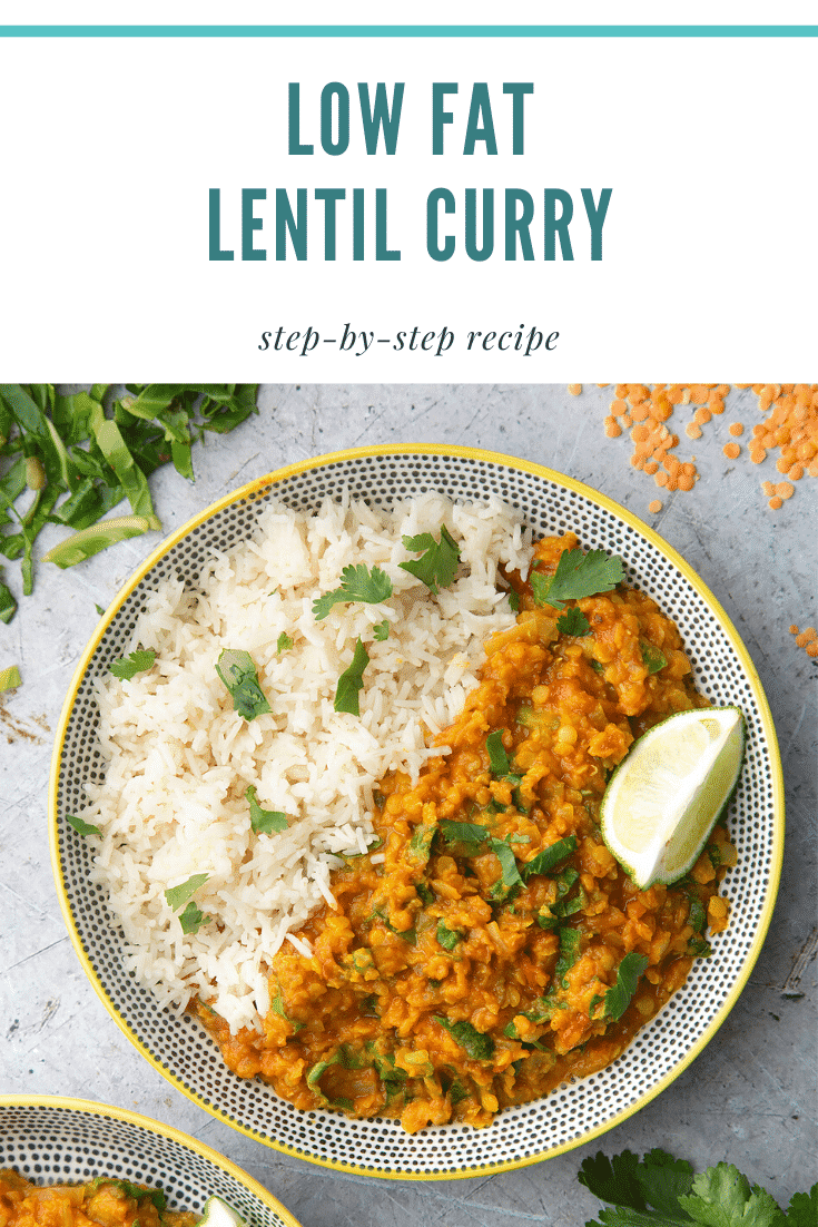 graphic text LOW FAT LENTIL CURRY step-by-step recipe above overhead shot of slow cooker lentil curry with lime on the side served on a dotted white bowl