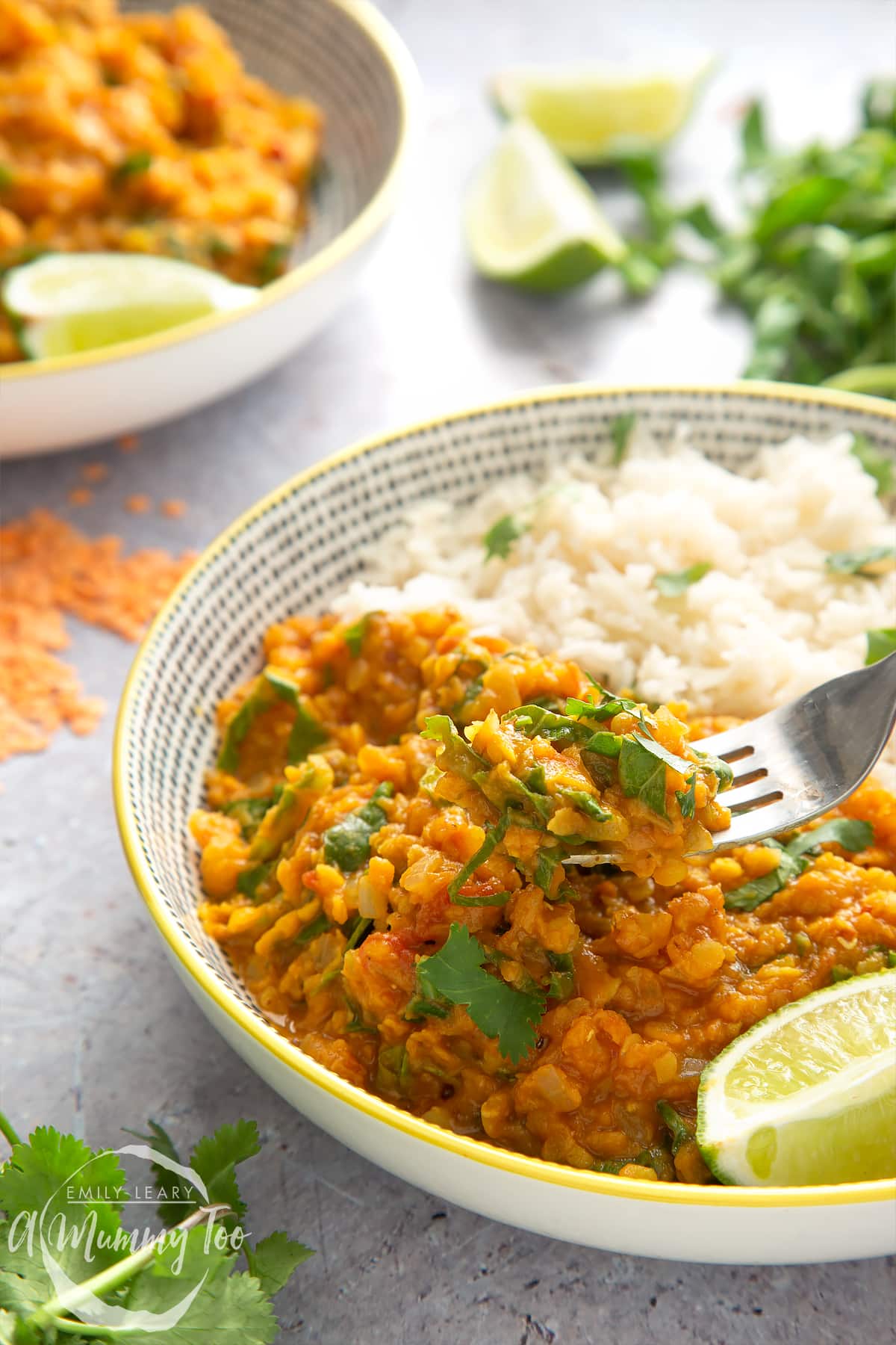 Front angle shot of a fork picking up slow cooker lentil curry served in a bowl with lime on the side and a mummy too logo in the lower-left corner