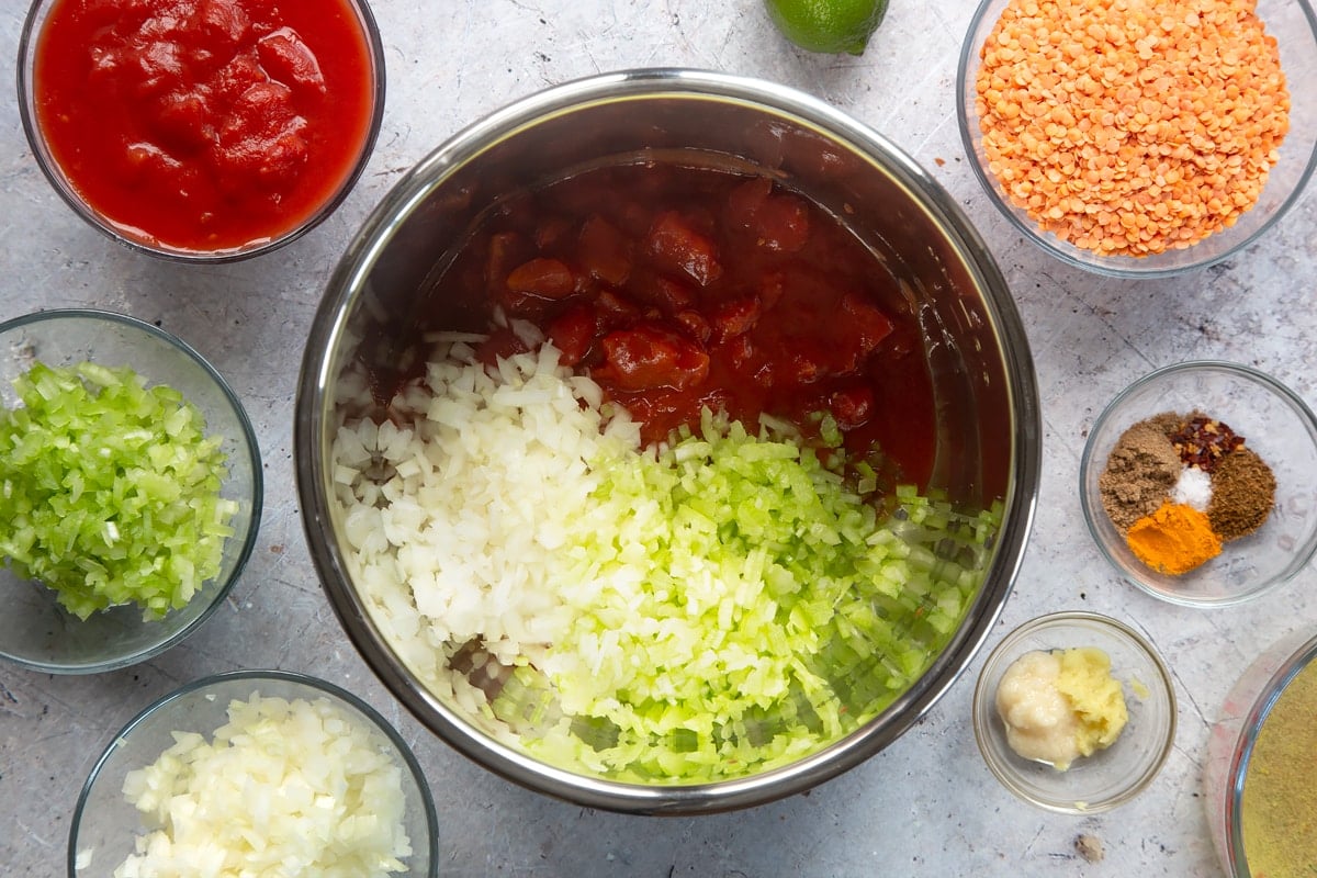 Overhead shot of onion, celery and tomatoes in a metal bowl slow cooker