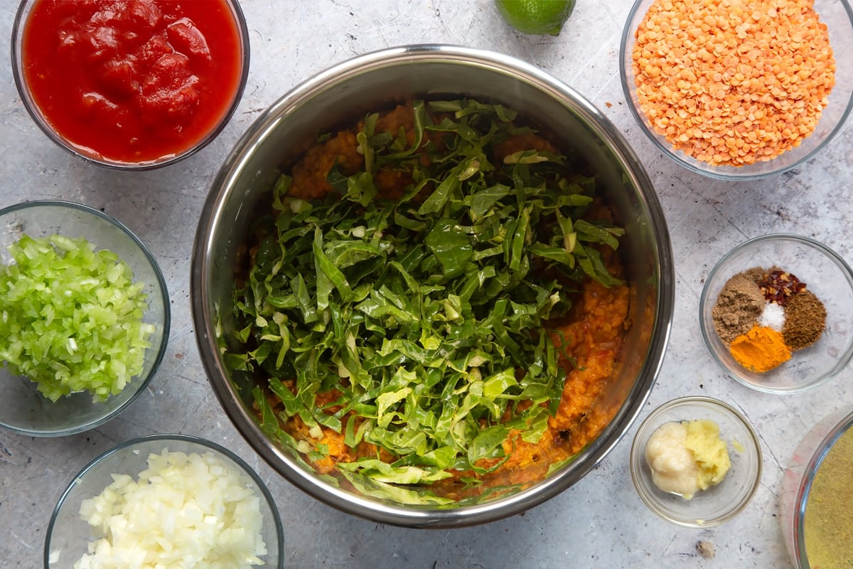 Overhead shot of low fat lentil curry topped with shredded greens in slow cooker bowl