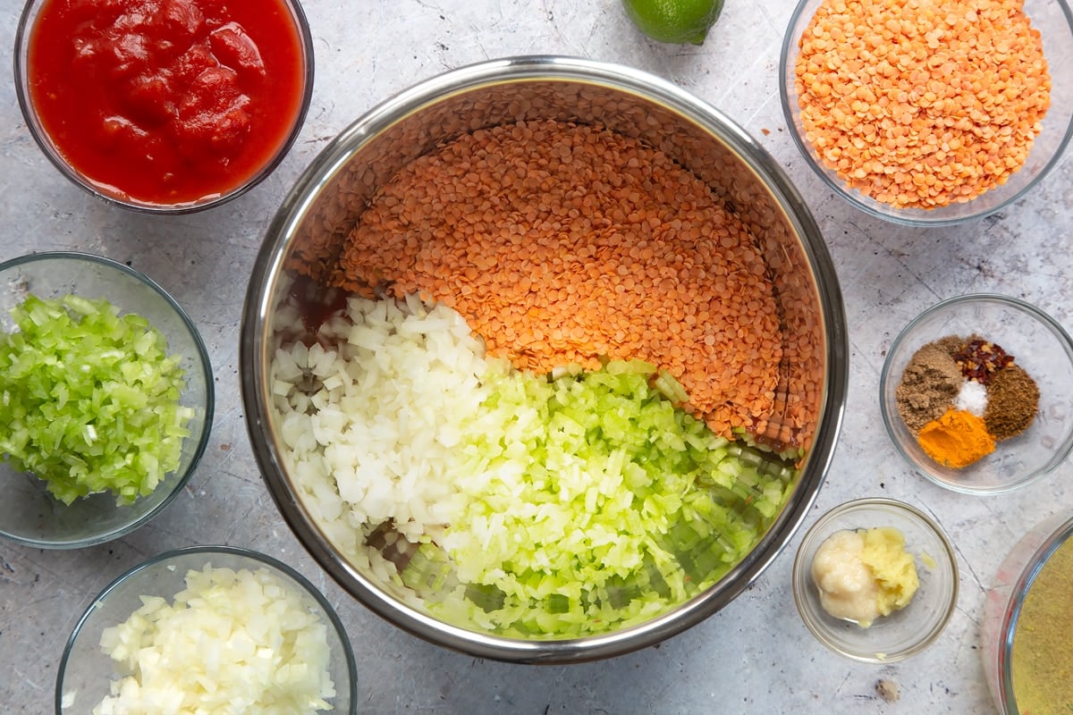 Overhead shot of onion, celery, tomatoes, and red lentils in a metal bowl slow cooker