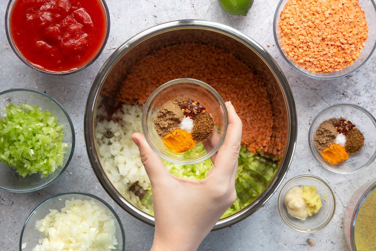 Overhead shot of a hand holding chilli flakes, ground coriander, salt, turmeric and cumin seeds in a small clear bowl above a slow cooker metal bowl 