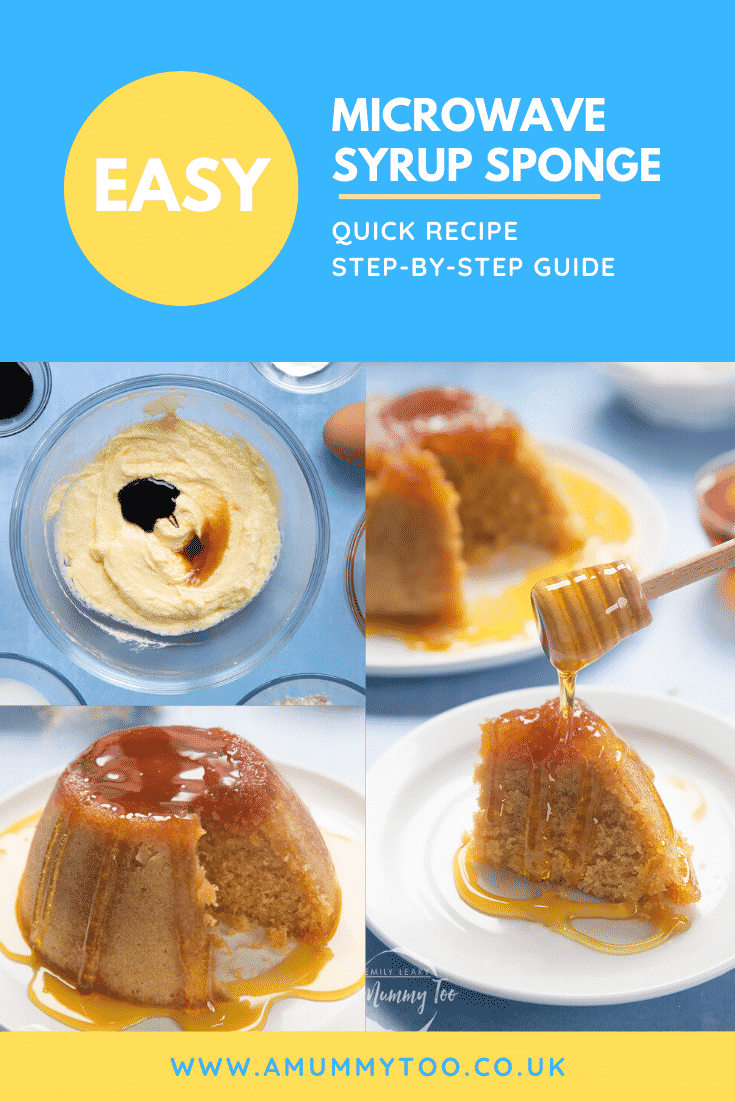Graphic text EASY MICROWAVE SYRUP SPONGE STEP-BY-STEP GUIDE QUICK RECIPE above collage of four photos of sponge pudding with website URL below