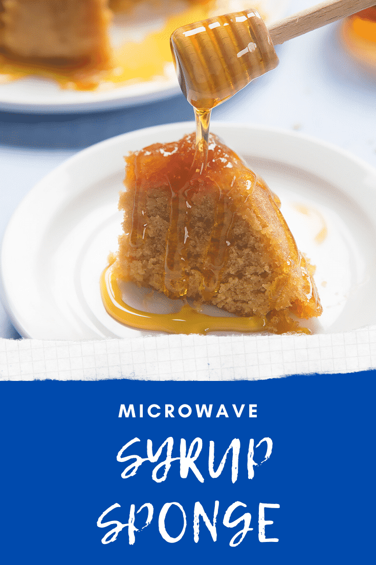 Graphic text MICROWAVE SYRUP SPONGE above front angle shot of a slice of sponge pudding drizzled with syrup with website URL below