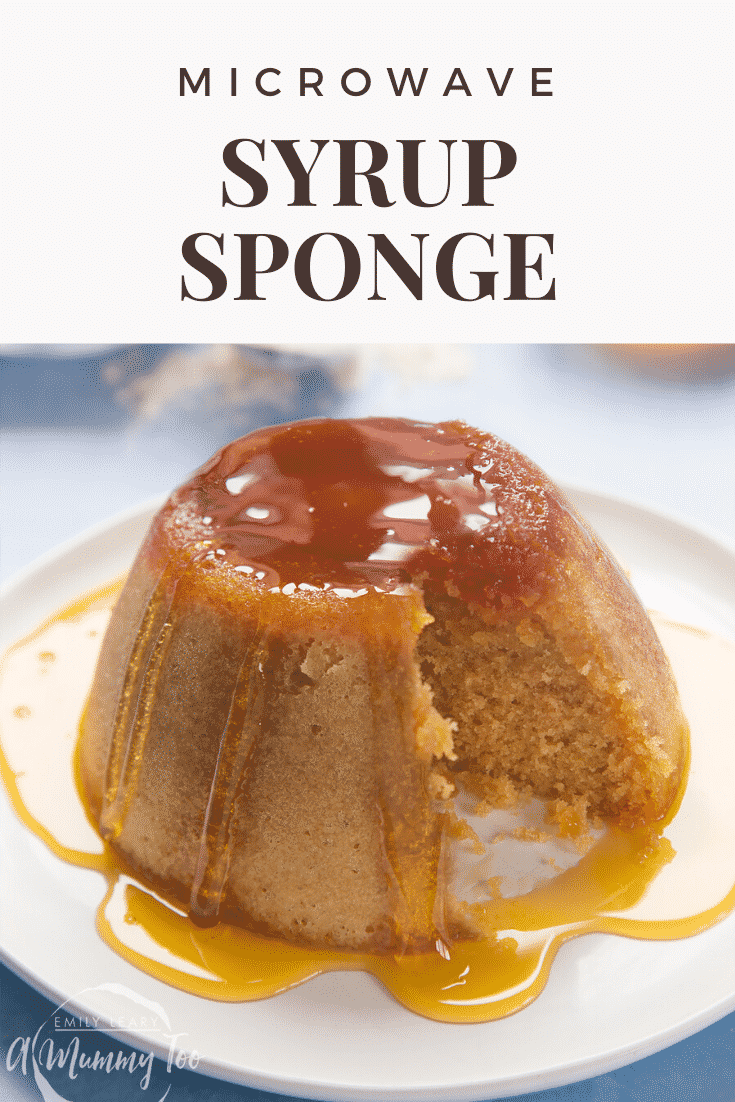 Graphic text MICROWAVE SYRUP SPONGE above front angle shot of a slice of sponge pudding drizzled with syrup with website URL below
