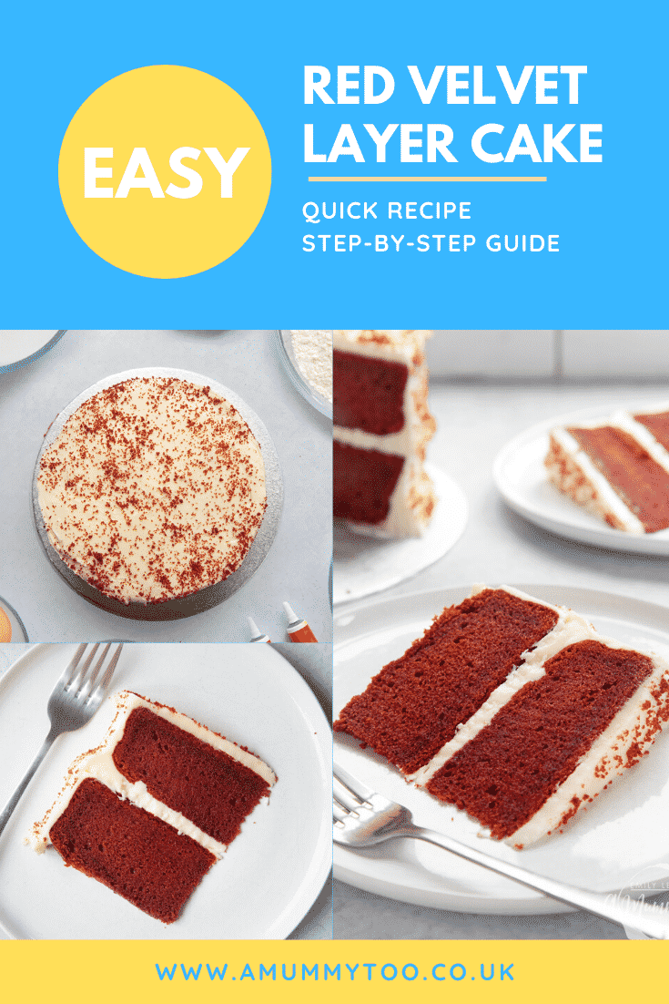 A collage of images showing filled red velvet cake - both whole and served in slices. Caption reads: Easy red velvet layer cake quick recipe step by step guide.