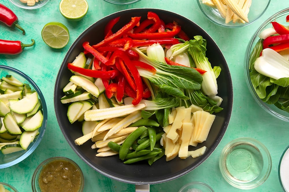 a black wok filled with bok choi, sweetcorn, red pepper, bamboo, sugar snap peas and courgette with other vegtables on the table.