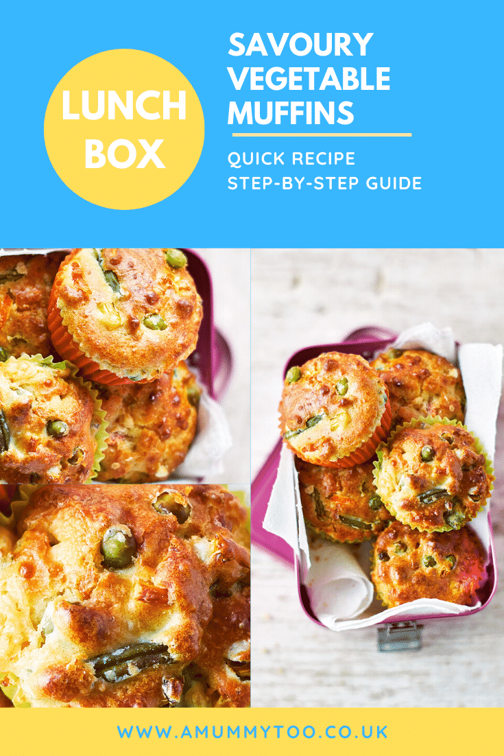 A collage of images of savoury vegetable muffins in a pink lunchbox lined with paper on a wooden background. The caption reads: lunch box savoury vegetable muffins - quick recipe - step-by-step guide