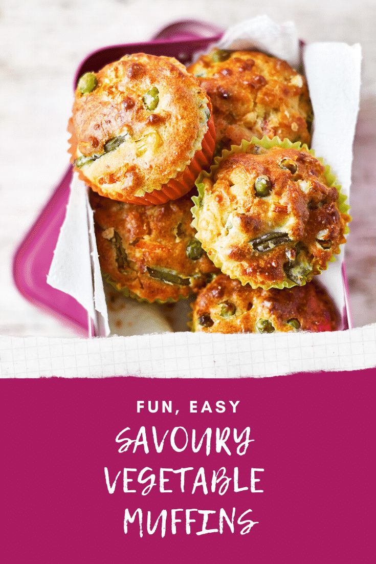 Several savoury vegetable muffins in a pink lunchbox lined with paper on a wooden background. The caption reads: fun, easy vegetable muffins