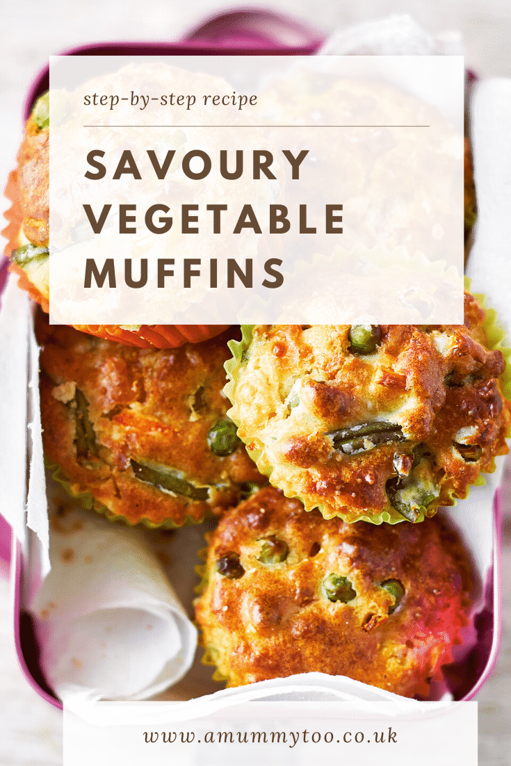 Savoury vegetable muffins in a pink lunchbox lined with paper on a wooden background. The caption reads: step-by-step recipe savoury vegetable muffins