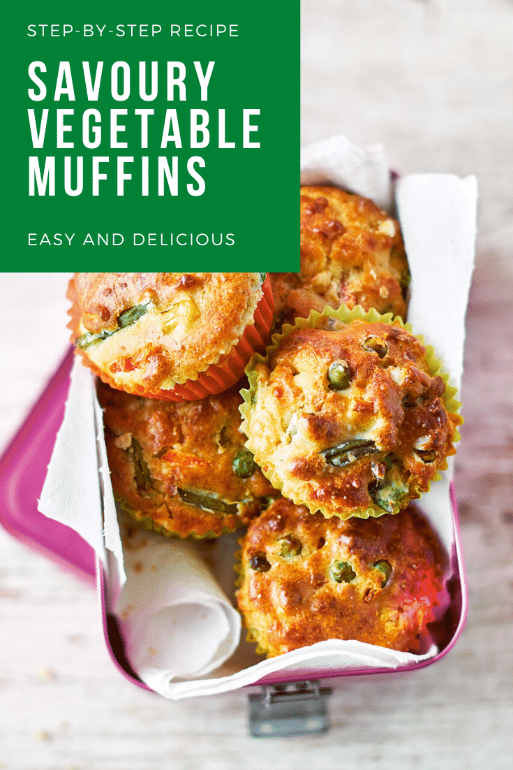 Savoury vegetable muffins in a pink lunchbox lined with paper on a wooden background. The caption reads: step-by-step recipe savoury vegetable muffins easy and delicious
