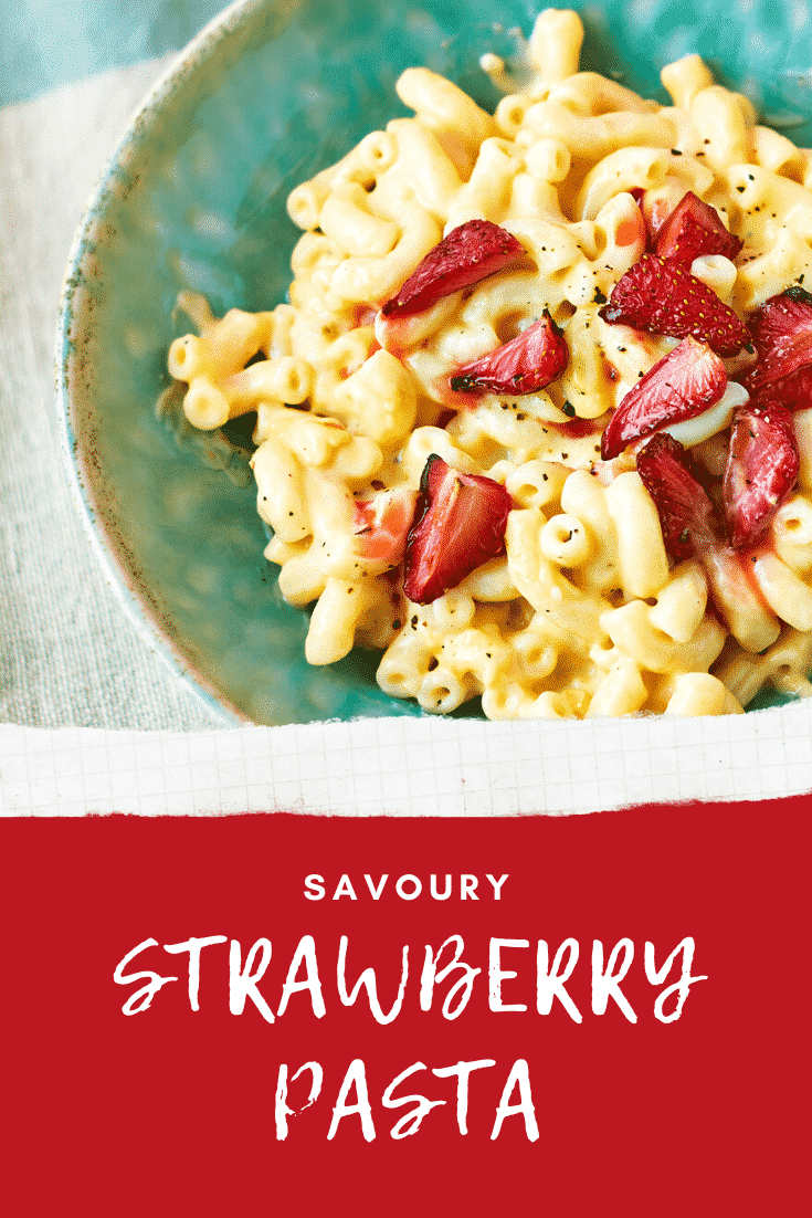 A bowl of strawberry pasta: macaroni in a cheese and butternut squash sauce, topped with roasted balsamic strawberries. Caption reads: savoury strawberry pasta