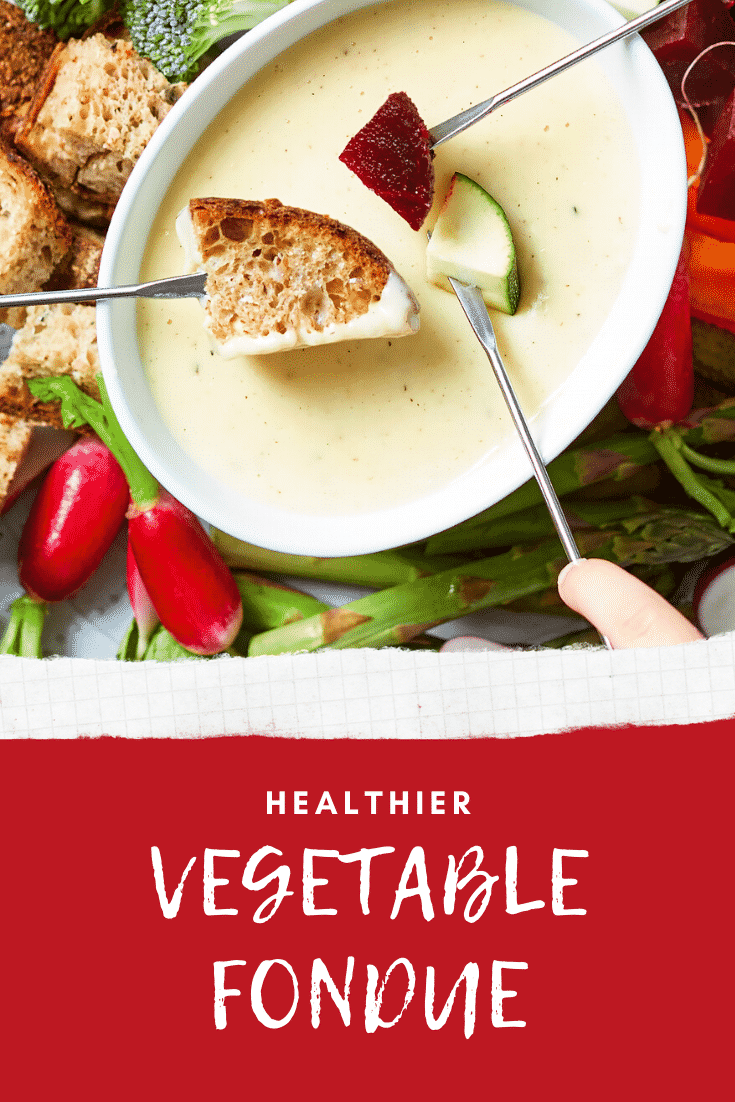 A vegetable fondue platter on a blue background. A family of hands reach in with fondue forks to dip bread, beetroot, courgette into cheese sauce. The caption reads: healthier vegetable fondue