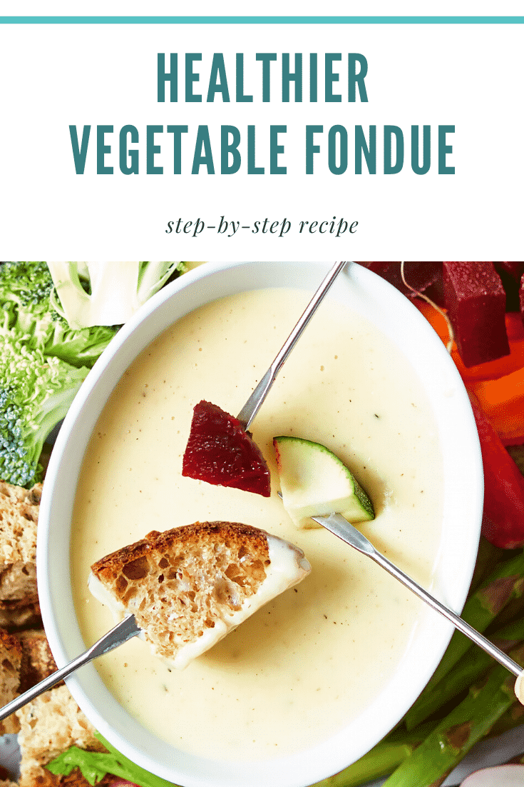A vegetable fondue platter. A family of hands reach in with fondue forks to dip bread, beetroot, courgette into cheese sauce. The caption reads: vegetable fondue step-by-step recipe