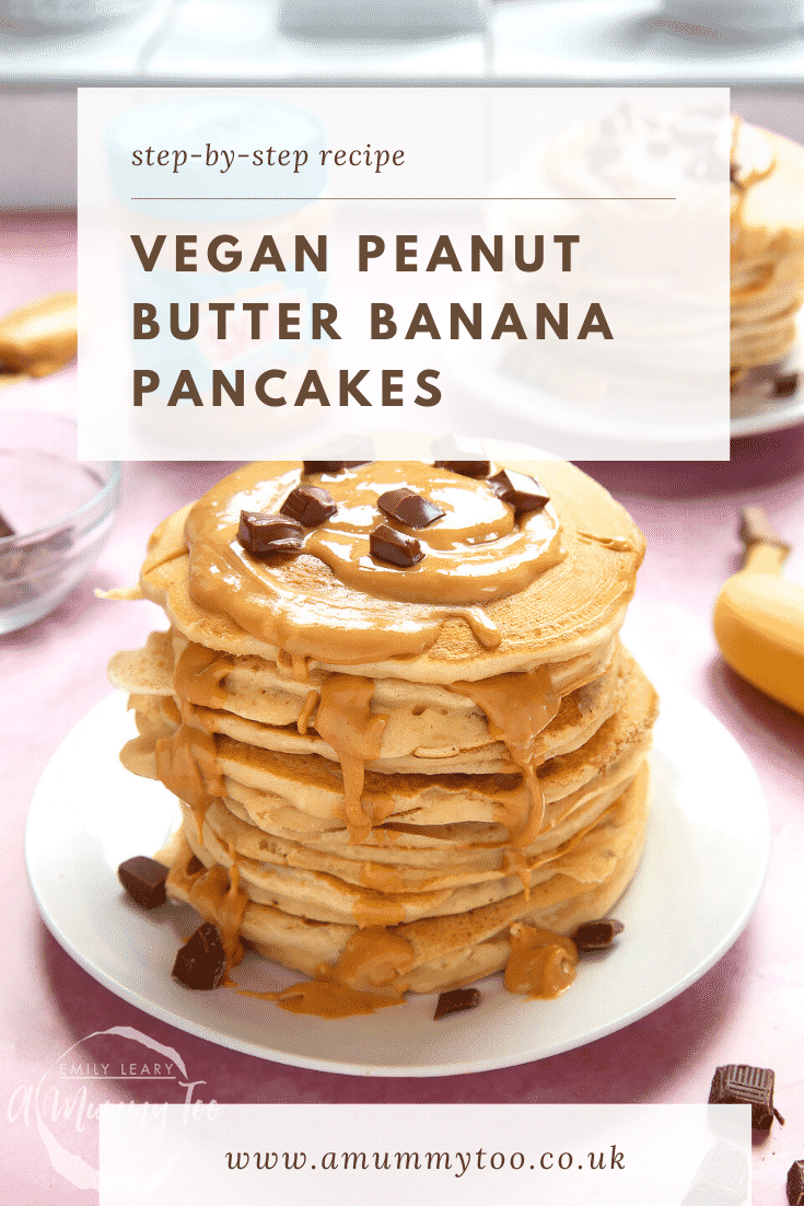 A stack of vegan peanut butter pancakes on a white plate. The stack is drizzled with more peanut butter and scattered with chunks of vegan chocolate. The caption reads: step-by-step-recipe vegan peanut butter pancakes.