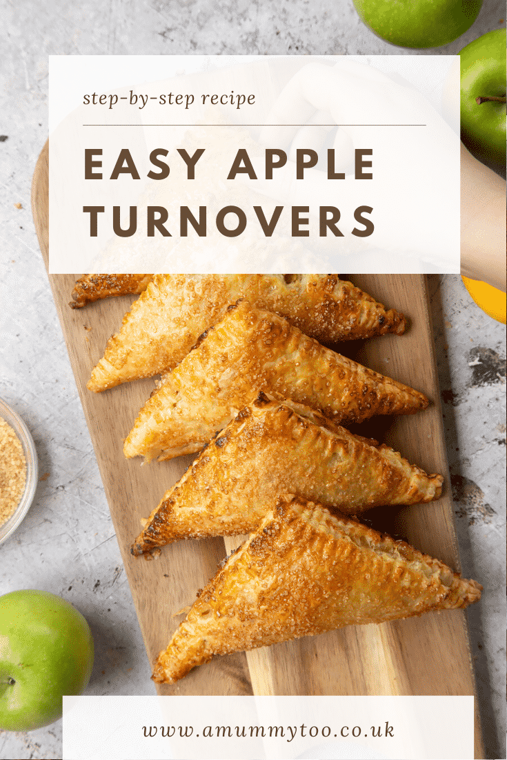graphic text step-by-step recipe EASY APPLE TURNOVERS above overhead shot of apple cinnamon turnovers with website URL below