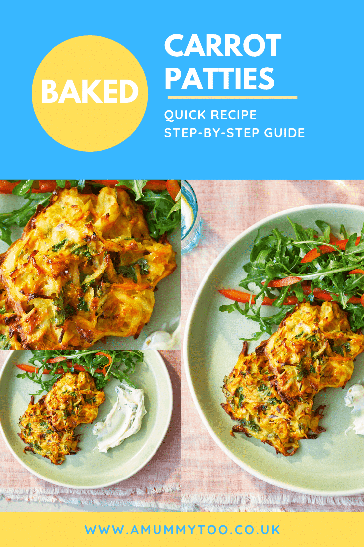 A collage of images showing carrot patties on a green plate with a rocket and pepper salad. The plate sits on a pink background. The caption reads: Baked carrot patties - quick recipe - step-by-step guide