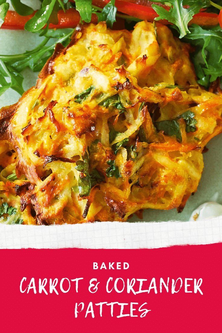 A close up of carrot patties on a green plate with a rocket and pepper salad. The caption reads: Baked carrot & coriander patties