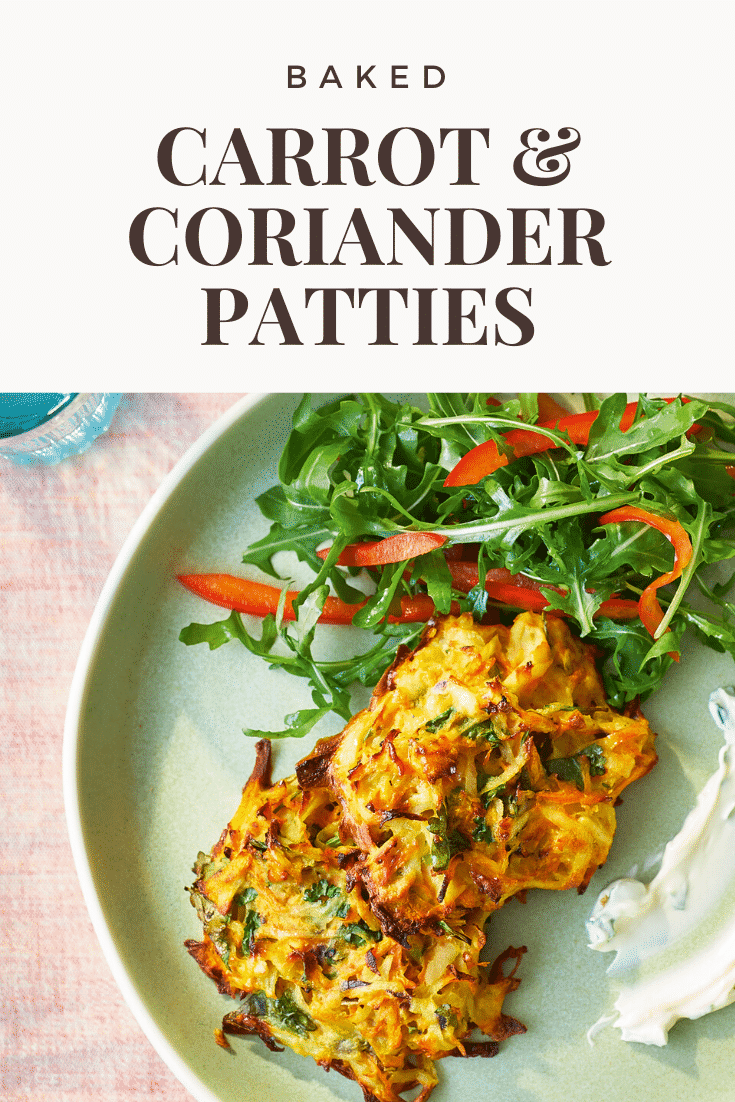 Carrot patties on a green plate with a rocket and pepper salad. The caption reads: Baked carrot & coriander patties