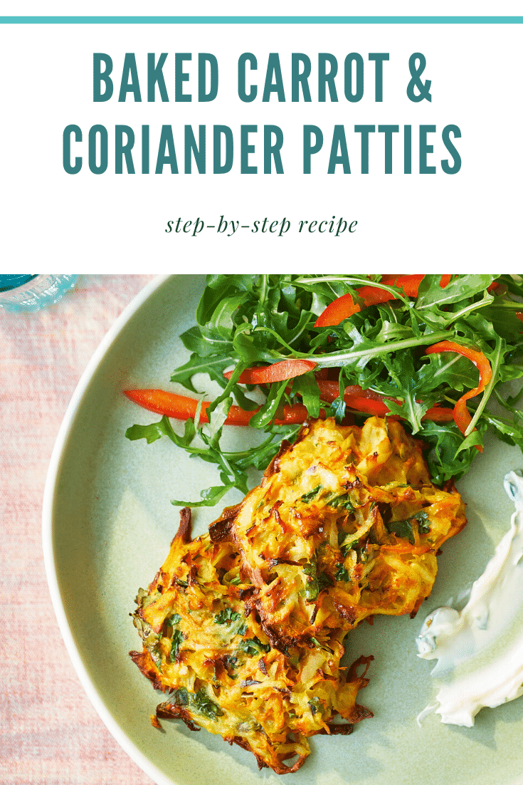 Carrot patties on a green plate with a rocket and pepper salad. The caption reads: baked carrot & coriander patties step-by-step recipe