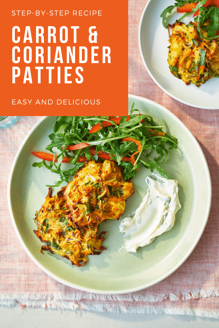 Carrot patties on a green plate with a rocket and pepper salad. The caption reads: step-by-step recipe carrot & coriander patties - easy and delicious